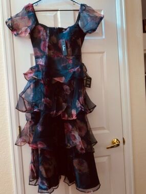 Lulu's Navy Floral Organza Dress with Pink Accents